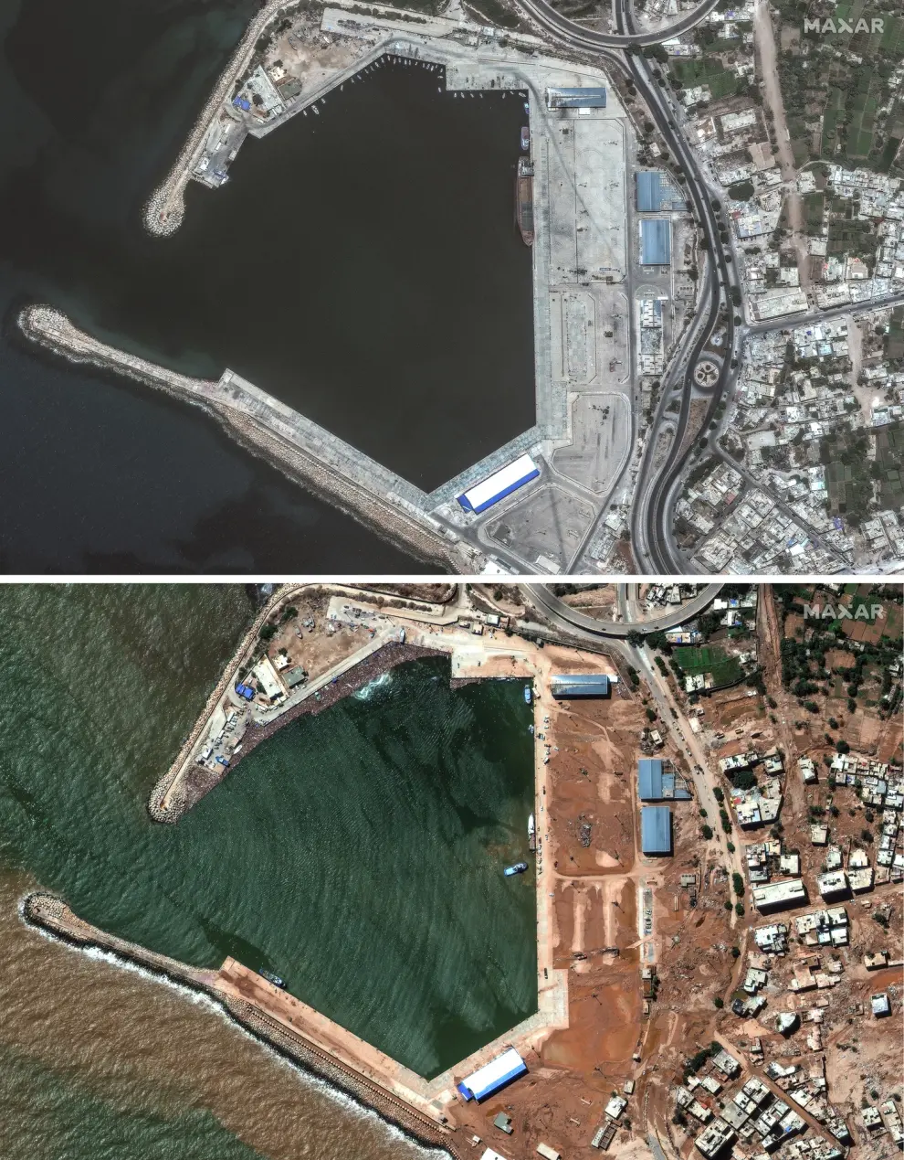 This combination of satellite images from Maxar Technologies shows port facilities in Derna, Libya, on July 1, 2023, top, and the same flood damaged area on Wednesday, Sept. 13, 2023. The destruction came to Derna and other parts of eastern Libya on Sunday night, Sept. 10, 2023. As the storm pounded the coast, Derna residents said they heard loud explosions and realized that dams outside the city had collapsed. Flash floods were unleashed down Wadi Derna, a river running from the mountains through the city and into the sea. (Satellite image ©2023 Maxar Technologies via AP)
