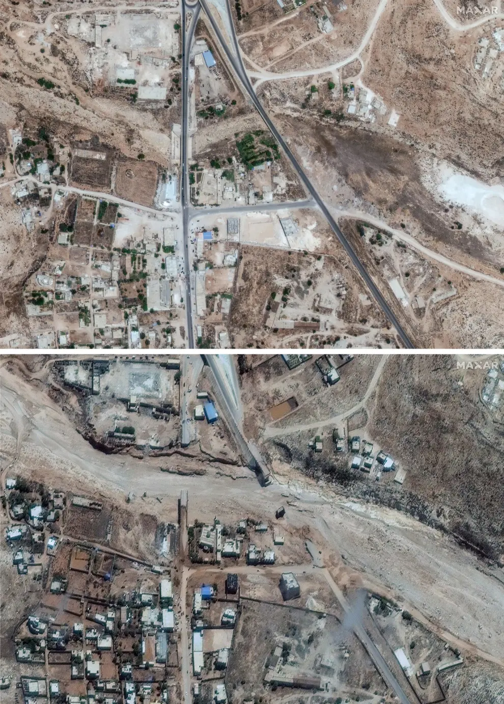 This combination of satellite images from Maxar Technologies shows a coastal roadway in Derna, Libya, on July 1, 2023, top, and the same flood damaged area on Wednesday, Sept. 13, 2023. The destruction came to Derna and other parts of eastern Libya on Sunday night, Sept. 10, 2023. As the storm pounded the coast, Derna residents said they heard loud explosions and realized that dams outside the city had collapsed. Flash floods were unleashed down Wadi Derna, a river running from the mountains through the city and into the sea. (Satellite image ©2023 Maxar Technologies via AP)