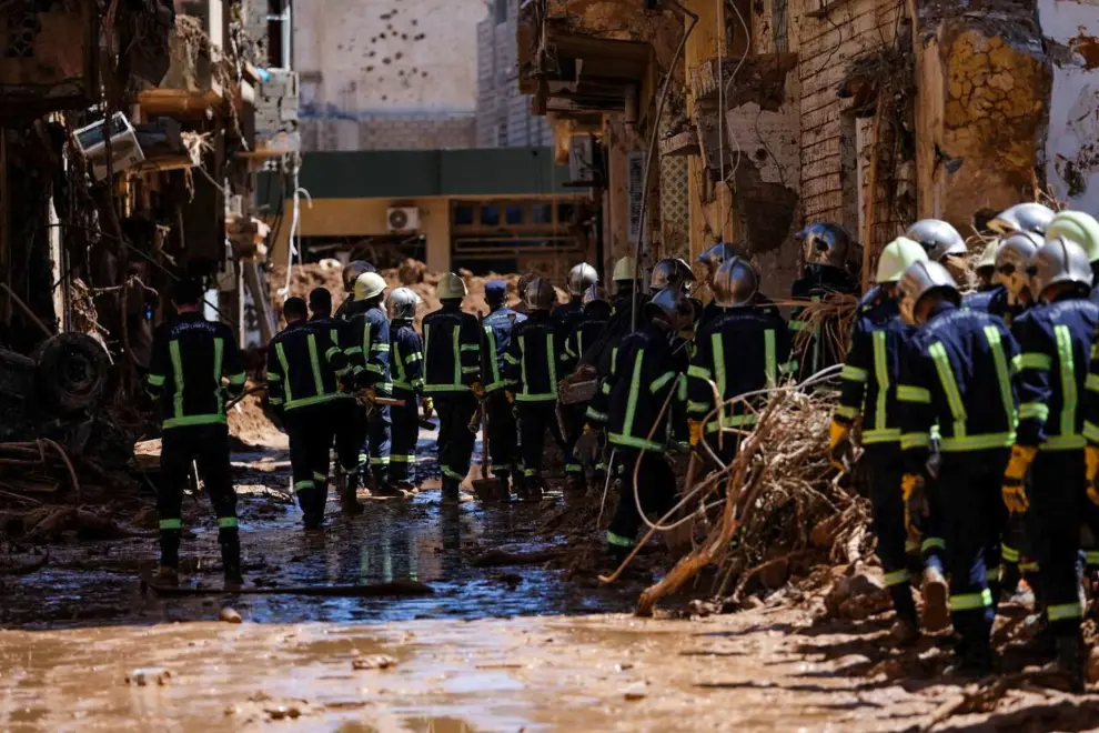 Members of the rescue team from the Egyptian army inspect the damaged areas, following a powerful storm and heavy rainfall hitting the country, in Derna, Libya September 13, 2023. REUTERS/Esam Omran Al-Fetori