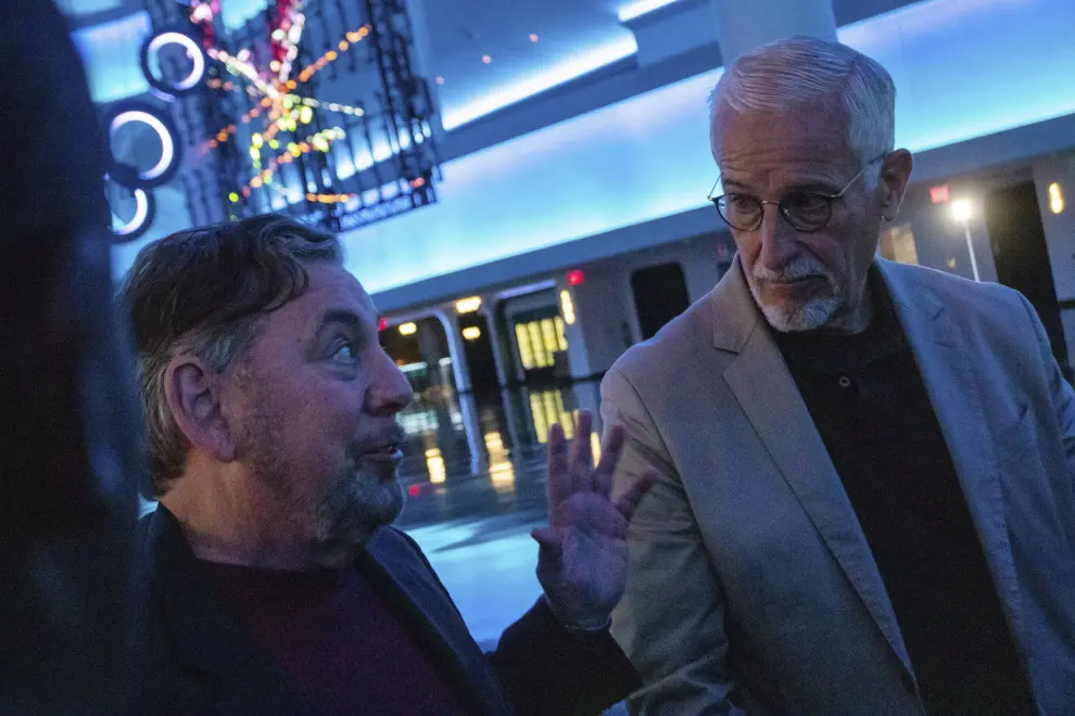 Madison Square Garden Executive Chairman James Dolan, left, and David Dibble, CEO of MSG ventures, talk with the media for the opening of the Sphere, Thursday, Sept. 28, 2023, in Las Vegas (AP Photo/Ty O'Neil)