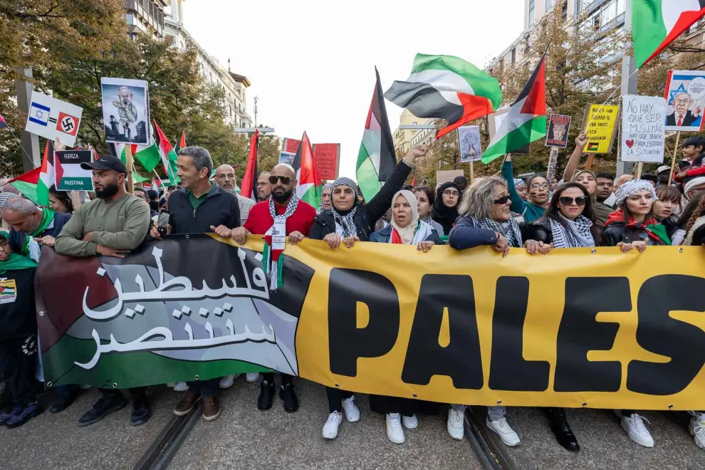 Manifestación en apoyo al pueblo palestino, celebrada este sábado en Zaragoza.