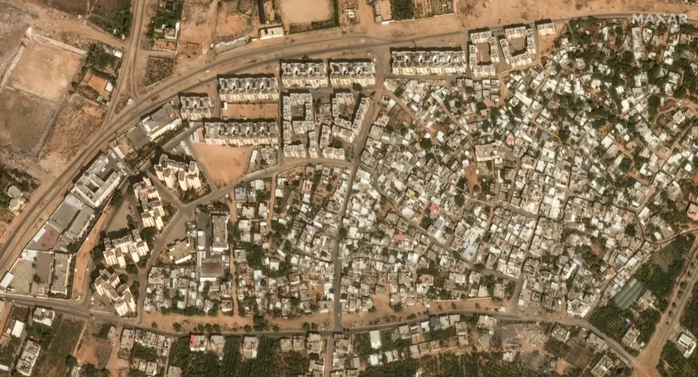 Satellite view shows the Palestinian city of Beit Hanoun, northern Gaza Strip, October 10, 2023. Maxar Technologies/Handout via REUTERS THIS IMAGE HAS BEEN SUPPLIED BY A THIRD PARTY. MANDATORY CREDIT. NO RESALES. NO ARCHIVES. MUST NOT OBSCURE LOGO