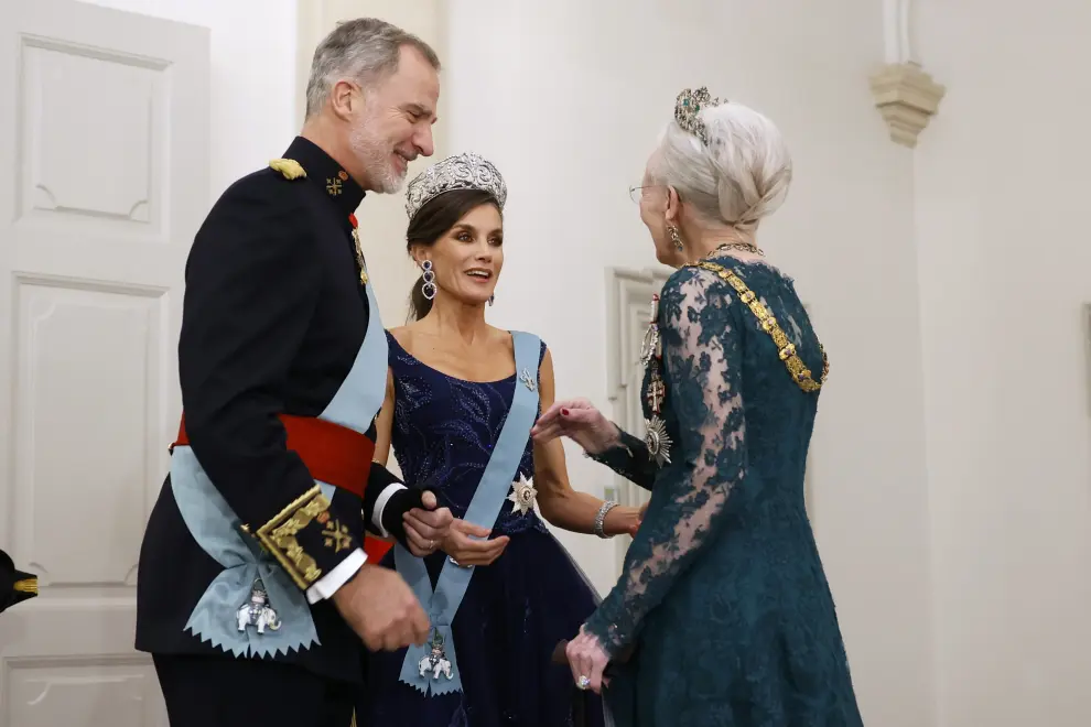 Danish Crown Prince Frederik and Spanish Queen Letizia attend the State Banquet at Christiansborg Castle in Copenhagen, Denmark, November 6, 2023. Ritzau Scanpix/Mads Claus Rasmussen via REUTERS    ATTENTION EDITORS - THIS IMAGE WAS PROVIDED BY A THIRD PARTY. DENMARK OUT. NO COMMERCIAL OR EDITORIAL SALES IN DENMARK. DENMARK-ROYALS/SPAIN