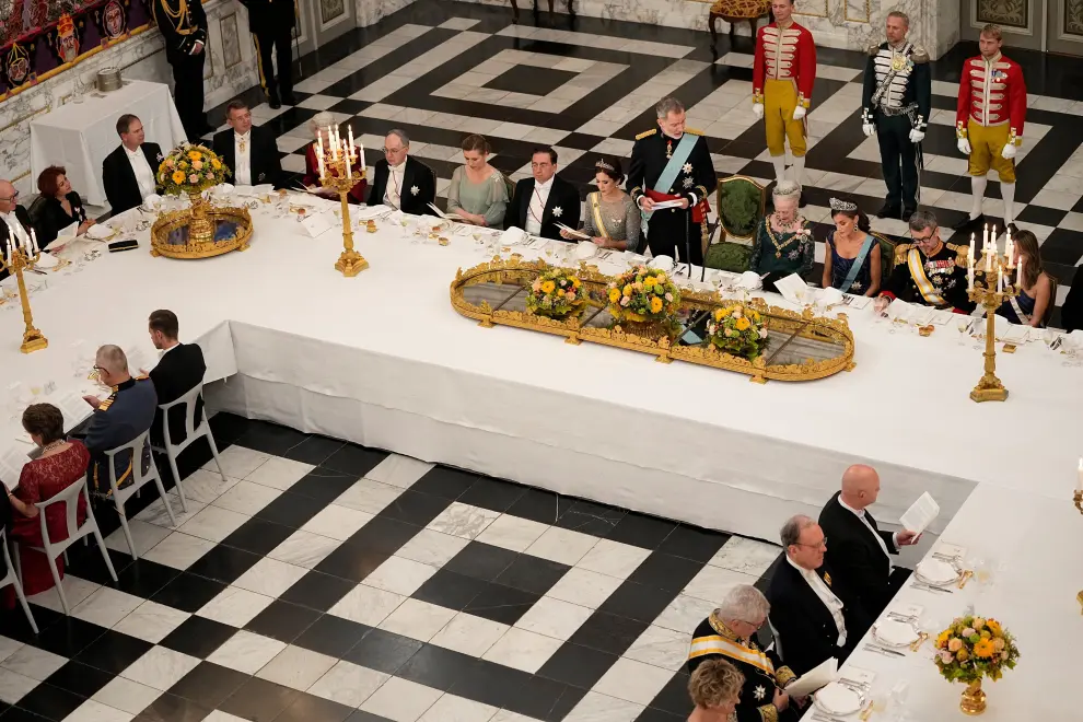 Spain's King Felipe delivers a speech as he stands next to Danish Crown Princess Mary, Denmark's Queen Margrethe, Spain's Queen Letizia and Danish Crown Prince Frederik at the State Banquet at Christiansborg Castle in Copenhagen, Denmark, November 6, 2023. Ritzau Scanpix/Mads Claus Rasmussen via REUTERS    ATTENTION EDITORS - THIS IMAGE WAS PROVIDED BY A THIRD PARTY. DENMARK OUT. NO COMMERCIAL OR EDITORIAL SALES IN DENMARK.? DENMARK-ROYALS/SPAIN