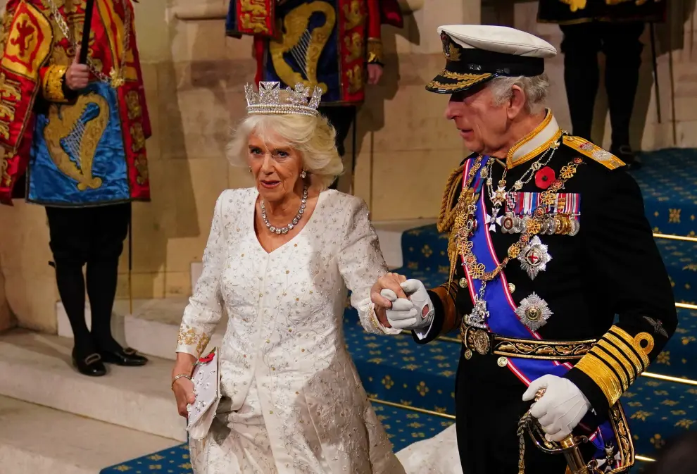 Britain's King Charles III and Queen Camilla attend the State Opening of Parliament in the House of Lords Chamber, in London, Britain, November 7, 2023. Arthur Edwards/Pool via REUTERS BRITAIN-POLITICS/KING-SPEECH