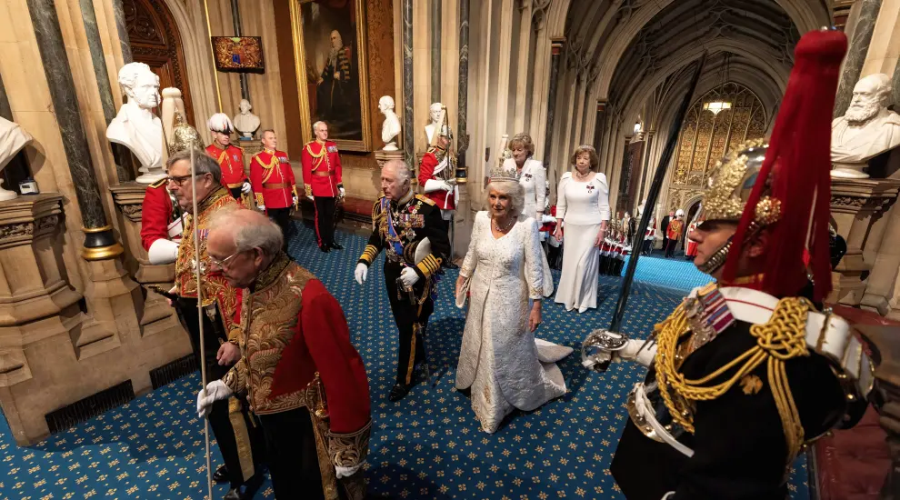 Britain's King Charles and Britain's Queen Camilla attend the State Opening of Parliament in the House of Lords Chamber, in London, Britain, November 7, 2023. Richard Pohle/Pool via REUTERS BRITAIN-POLITICS/KING-SPEECH