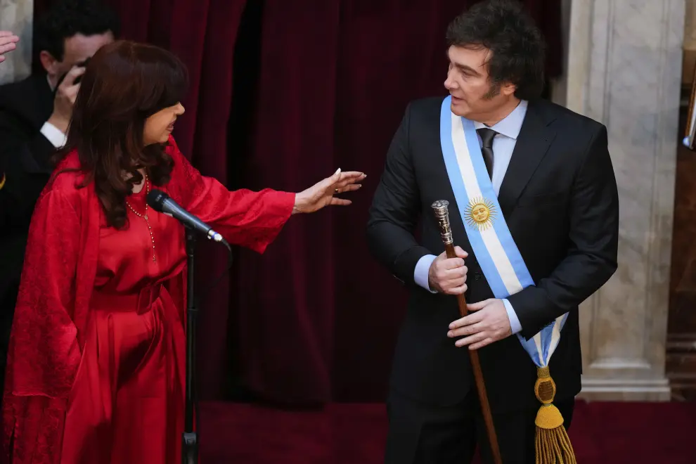 Outgoing Vice-prsident Cristina Fernandez talks to Argentina's incoming President Javier Milei during his swearing-in ceremony at Congress in Buenos Aires, Argentina, Sunday, Dec. 10, 2023. (AP Photo/Natacha Pisarenko)