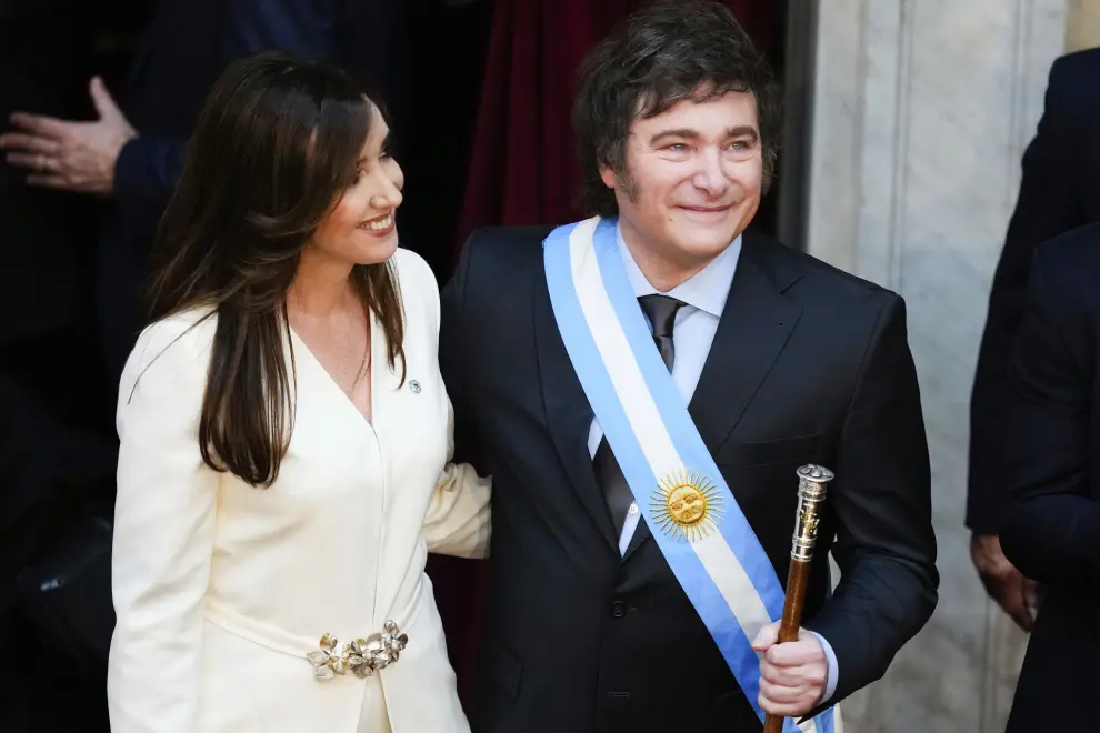 Argentina's incoming President Javier Milei stands next to Vice President Victoria Villarruel after their swearing-in ceremony at Congress in Buenos Aires, Argentina, Sunday, Dec. 10, 2023. (AP Photo/Natacha Pisarenko)