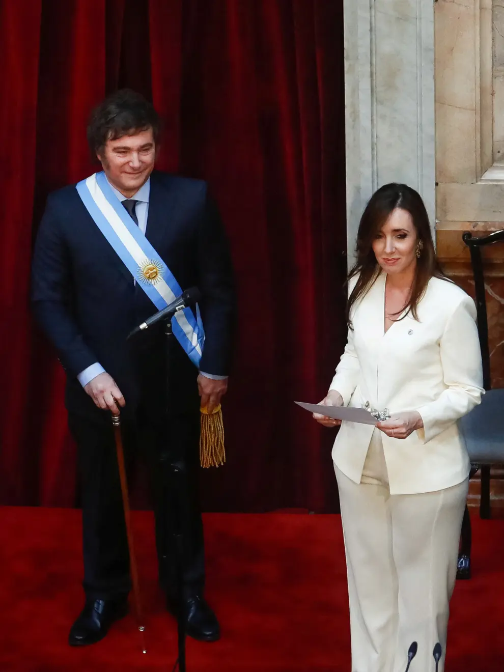 Argentinas new Vice President Victoria Villarruel is sworn in as Argentinas Vice president next to Argentinas President Javier Milei at the National Congress, in Buenos Aires, Argentina December 10, 2023. REUTERS/Matias Baglietto [[[REUTERS VOCENTO]]]