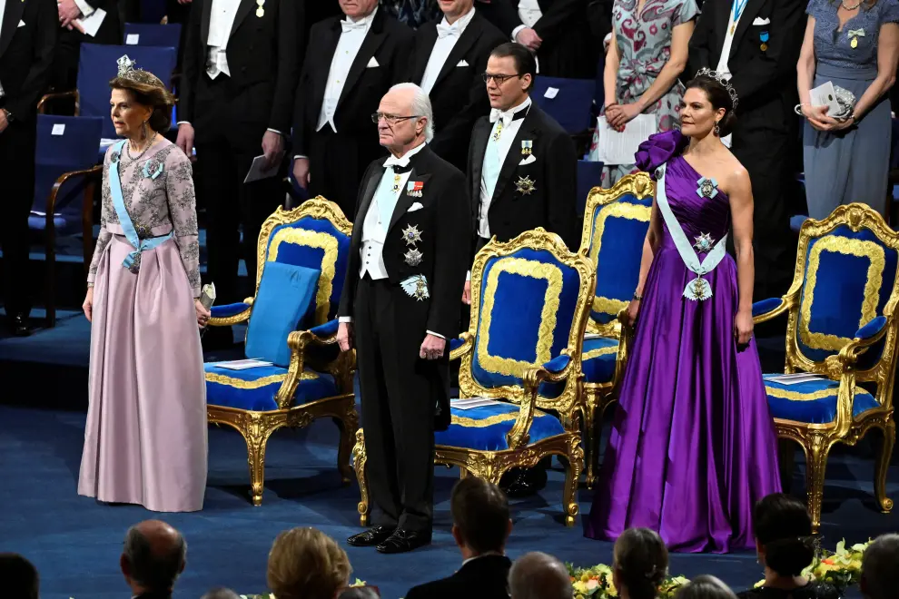 Swedens Queen Silvia, King Carl Gustaf, Prince Daniel and Crown Princess Victoria at the Concert Hall in Stockholm, Sweden on December 10, 2023. Christine Olsson/TT News Agency/via REUTERS      ATTENTION EDITORS - THIS IMAGE WAS PROVIDED BY A THIRD PARTY. SWEDEN OUT. NO COMMERCIAL OR EDITORIAL SALES IN SWEDEN. [[[REUTERS VOCENTO]]] NOBEL-PRIZE/