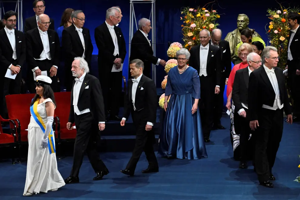 Swedens Queen Silvia, King Carl Gustaf, Prince Daniel and Crown Princess Victoria at the Concert Hall in Stockholm, Sweden on December 10, 2023. Claudio Bresciani/TT News Agency/via REUTERS      ATTENTION EDITORS - THIS IMAGE WAS PROVIDED BY A THIRD PARTY. SWEDEN OUT. NO COMMERCIAL OR EDITORIAL SALES IN SWEDEN. [[[REUTERS VOCENTO]]] NOBEL-PRIZE/