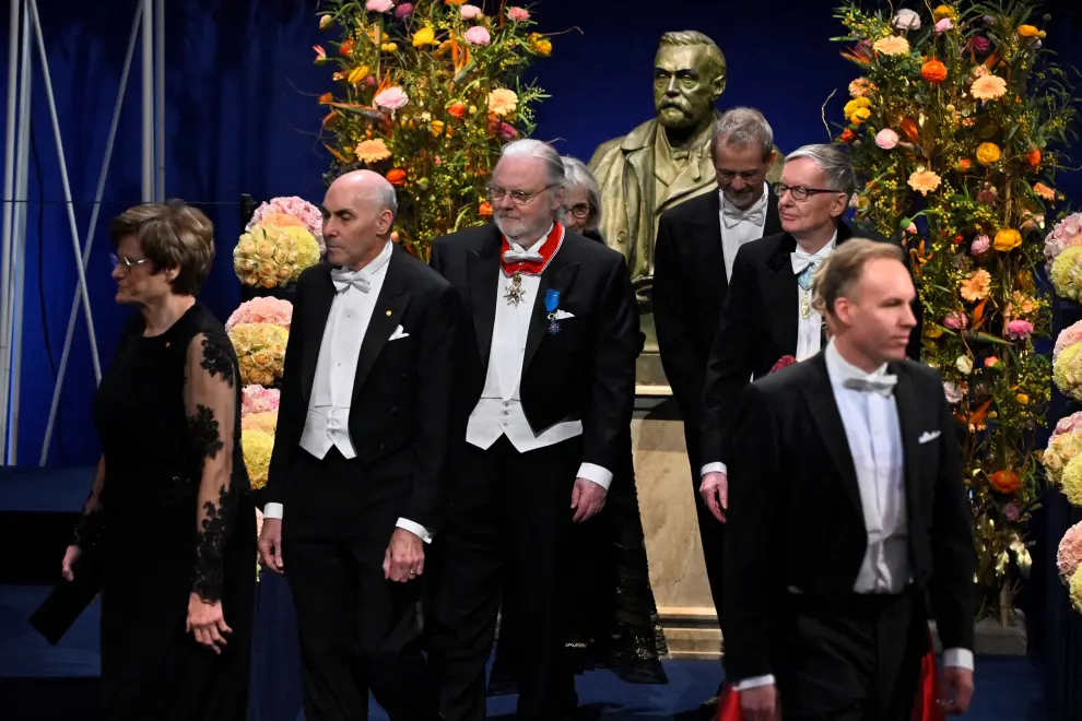 The Nobel laureates in physiology or medicine Katalin Kariko and Drew Weismann, Jon Fosse (literature) and Claudia Goldin (Economic Sciences) at the Nobel Prize ceremony at the Concert Hall in Stockholm, Sweden on December 10, 2023. Claudio Bresciani/TT News Agency/via REUTERS      ATTENTION EDITORS - THIS IMAGE WAS PROVIDED BY A THIRD PARTY. SWEDEN OUT. NO COMMERCIAL OR EDITORIAL SALES IN SWEDEN. [[[REUTERS VOCENTO]]] NOBEL-PRIZE/