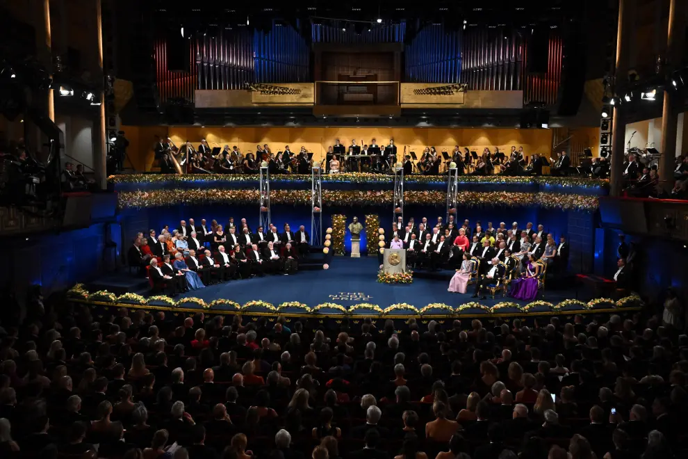 The Nobel laureates arrive at the Nobel Prize ceremony at the Concert Hall in Stockholm, Sweden on December 10, 2023. Claudio Bresciani/TT News Agency/via REUTERS      ATTENTION EDITORS - THIS IMAGE WAS PROVIDED BY A THIRD PARTY. SWEDEN OUT. NO COMMERCIAL OR EDITORIAL SALES IN SWEDEN. [[[REUTERS VOCENTO]]] NOBEL-PRIZE/