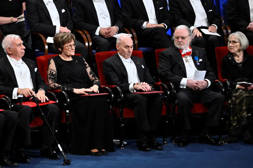 Nobel laureate in physiology or medicine Drew Weissman, Nobel laureate in literature Jon Fosse, and Nobel laureate in economics Claudia Goldin at the Nobel Prize ceremony at the Concert Hall in Stockholm, Sweden on December 10, 2023. Claudio Bresciani/TT News Agency/via REUTERS      ATTENTION EDITORS - THIS IMAGE WAS PROVIDED BY A THIRD PARTY. SWEDEN OUT. NO COMMERCIAL OR EDITORIAL SALES IN SWEDEN. [[[REUTERS VOCENTO]]] NOBEL-PRIZE/