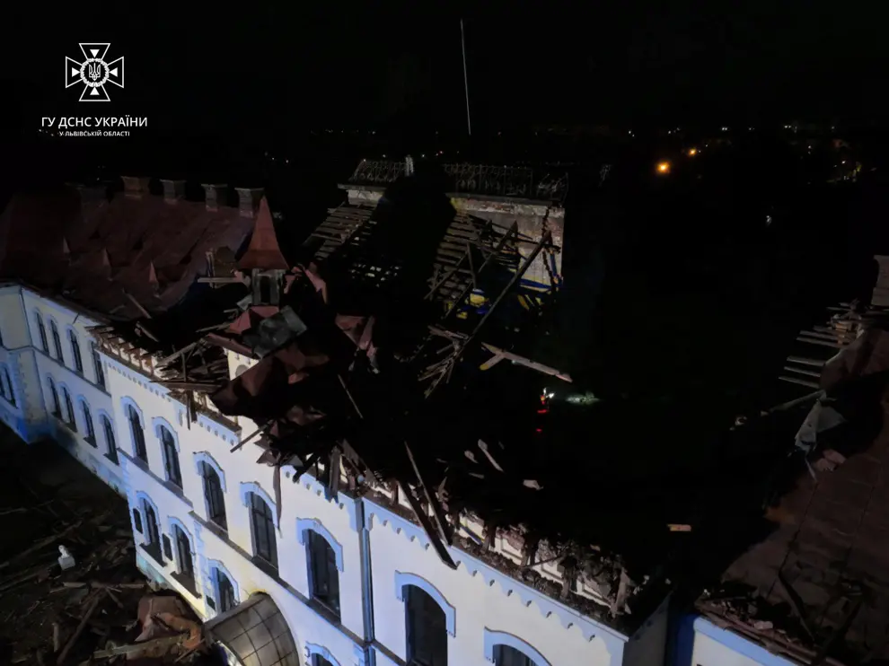 A view shows the university building damaged by a Russian drone strike, where Stepan Bandera, one of the founders of the Organization of Ukrainian Nationalists (OUN) studied, amid Russias attack on Ukraine, in the town of Dubliany, Lviv region, Ukraine January 1, 2024. Lviv City Mayor Andriy Sadovyi via Telegram/Handout via REUTERS ATTENTION EDITORS - THIS IMAGE HAS BEEN SUPPLIED BY A THIRD PARTY. NO RESALES. NO ARCHIVES. [[[REUTERS VOCENTO]]] UKRAINE-CRISIS/ATTACK-LVIV