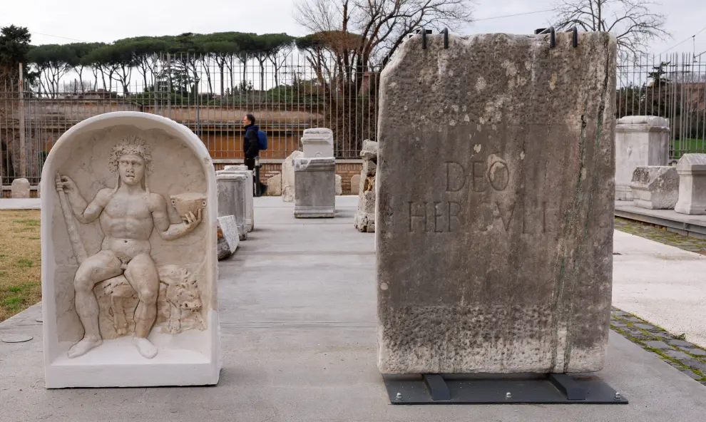 Collection of epigraphic and architectural materials from the Forma Urbis museum is on display during the opening of the new Celio Antiquarium, near the Colosseum in Rome, Italy, January 11, 2024. REUTERS/Remo Casilli [[[REUTERS VOCENTO]]] ITALY-ARCHAEOLOGY/