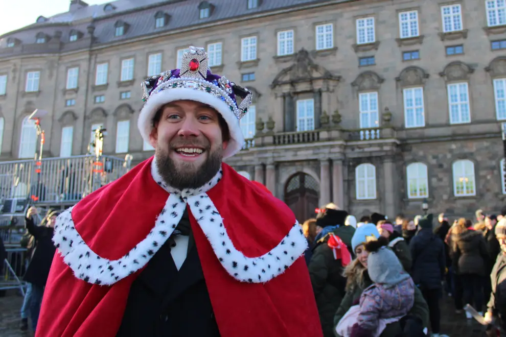 Copenhagen (Denmark), 13/01/2024.- Rene Jensen, 33, poses for a picture outside the Danish Parliament ahead of Queen Margrethe's abdication in Copenhagen, Denmark, 14 January 2024. Queen Margrethe had her last official task on 08 January as the head of the Danish royal house. Denmark's Queen Margrethe II announced in her New Year's speech on 31 December 2023 that she would abdicate on 14 January 2024, the 52nd anniversary of her accession to the throne. Her eldest son, Crown Prince Frederik, is set to succeed his mother on the Danish throne as King Frederik X. His son, Prince Christian, will become the new Crown Prince of Denmark following his father's coronation. (Dinamarca, Copenhague) EFE/EPA/LISA MARTIN AUSTRALIA AND NEW ZEALAND OUT
