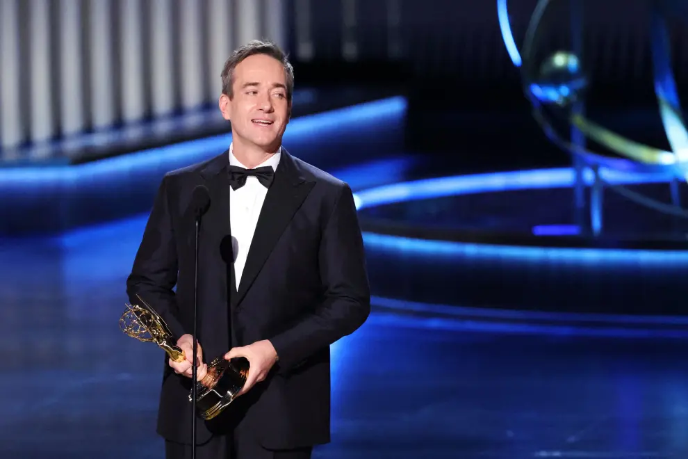 Matthew Macfadyen wins the award for Supporting Actor in a Drama Series for Succession at the 75th Primetime Emmy Awards in Los Angeles, California, U.S. January 15, 2024. REUTERS/Mario Anzuoni [[[REUTERS VOCENTO]]] AWARDS-EMMYS/
