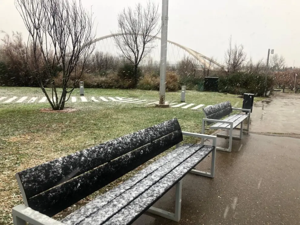 Viernes, 19 de enero de 2024: la nieve tiñe de blanco el parque del Agua de Zaragoza