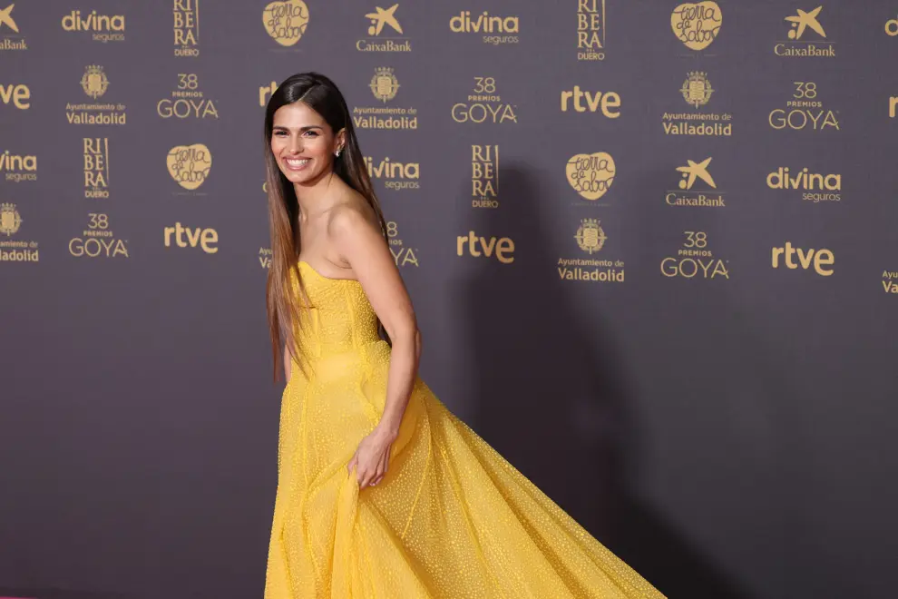 La actriz Sara Sálamo, de amarillo, a su llegada a la gala