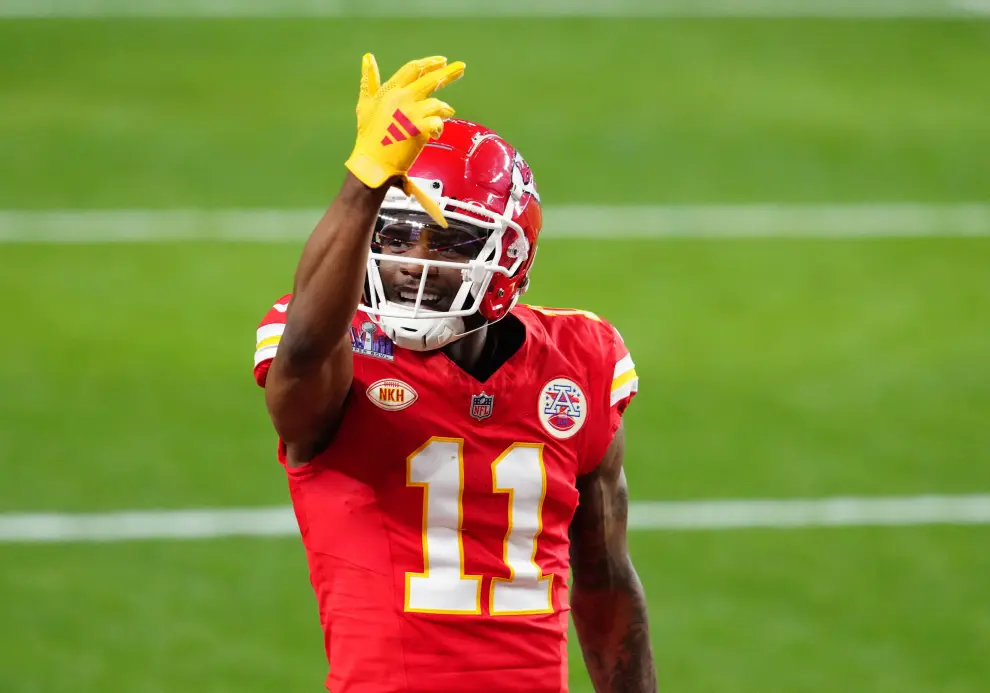 Feb 11, 2024; Paradise, Nevada, USA; Kansas City Chiefs wide receiver Marquez Valdes-Scantling (11) celebrates a touchdown catch against the San Francisco 49ers in the second half in Super Bowl LVIII at Allegiant Stadium. Mandatory Credit [[[REUTERS VOCENTO]]] FOOTBALL-NFL-KC-SF/