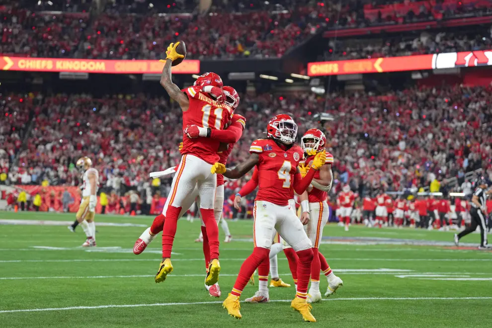 Feb 11, 2024; Paradise, Nevada, USA; Kansas City Chiefs wide receiver Marquez Valdes-Scantling (11) celebrates with teammates after scoring a touchdown against the San Francisco 49ers during the third quarter of Super Bowl LVIII at Allegiant Stadium. Mandatory Credit [[[REUTERS VOCENTO]]] FOOTBALL-NFL-KC-SF/