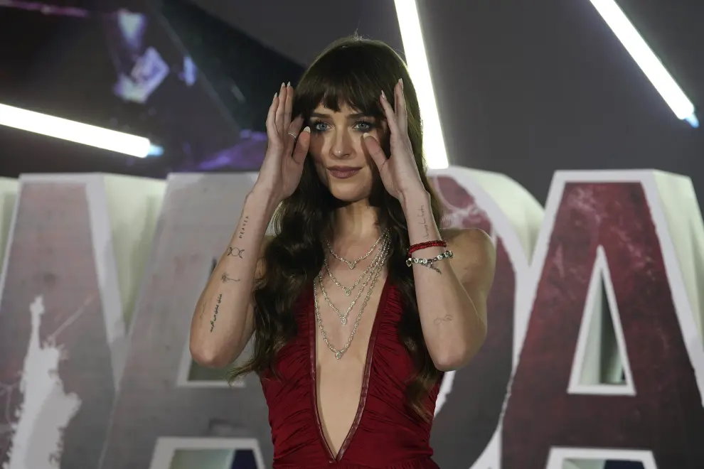 Actress Dakota Johnson arrives to a red carpet event to promote her film Madame Web, in Mexico City, Tuesday, Feb. 13, 2024. (AP Photo/Marco Ugarte)..Associated Press/LaPresse.Only Italy and Spain [[[AP/LAPRESSE]]]