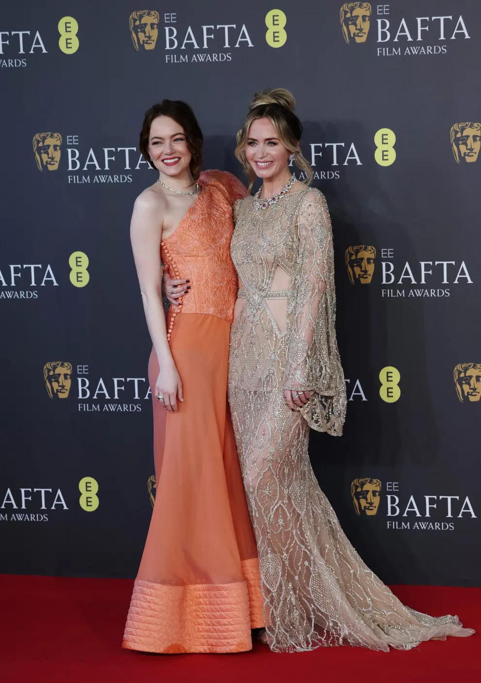Emma Stone and Emily Blunt arrive at the 2024 British Academy of Film and Television Awards (BAFTA) at the Royal Festival Hall in the Southbank Centre, London, Britain, February 18, 2024. REUTERS/Isabel Infantes [[[REUTERS VOCENTO]]] AWARDS-BAFTA/