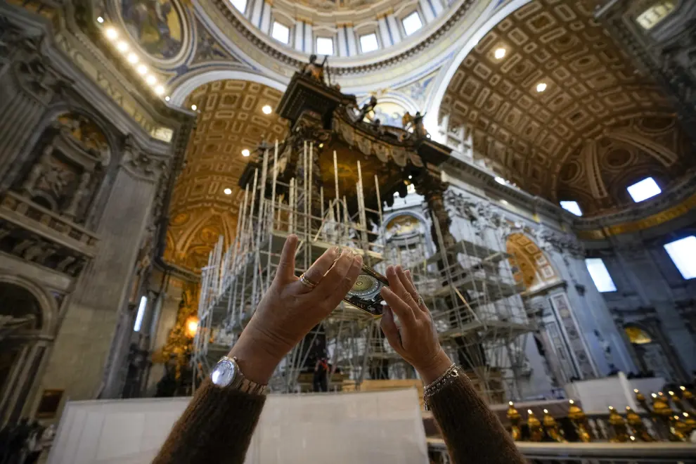 The scaffolding surrounded 17th century, 95ft-tall bronze canopy by Giovan Lorenzo Bernini surmounting the papal Altar of the Confession is seen in St. Peters Basilica at the Vatican, Wednesday, Feb. 21, 2024. Works have started for year-long, 700,000 euro restoration of the monumental baldacchino, or canopy, of St. Peters Basilica, pledging to complete the first comprehensive work on Berninis masterpiece in 250 years before Pope Francis big 2025 Jubilee. (AP Photo/Andrew Medichini)..Associated Press/LaPresse.Only Italy and Spain [[[AP/LAPRESSE]]]