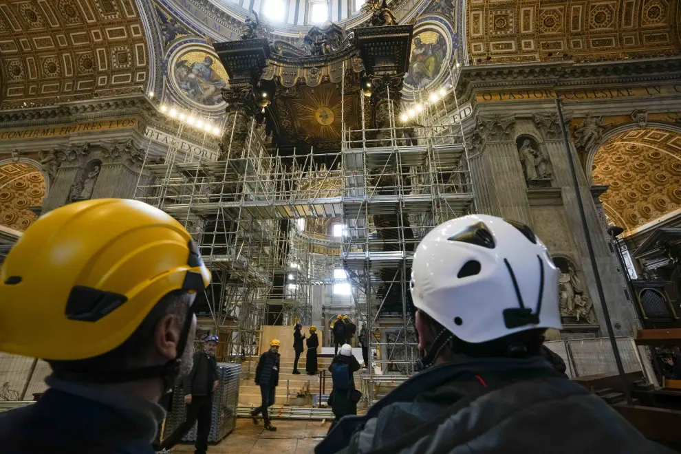 The scaffolding surrounded 17th century, 95ft-tall bronze canopy by Giovan Lorenzo Bernini surmounting the papal Altar of the Confession is seen in St. Peters Basilica at the Vatican, Wednesday, Feb. 21, 2024. Works have started for year-long, 700,000 euro restoration of the monumental baldacchino, or canopy, of St. Peters Basilica, pledging to complete the first comprehensive work on Berninis masterpiece in 250 years before Pope Francis big 2025 Jubilee. (AP Photo/Andrew Medichini)..Associated Press/LaPresse.Only Italy and Spain [[[AP/LAPRESSE]]]