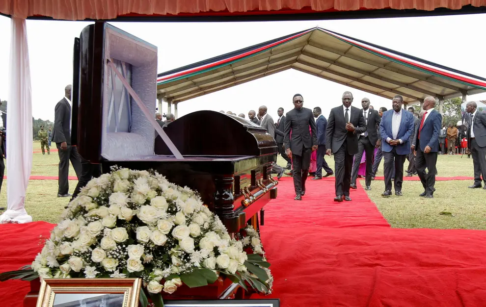 Kenyas President William Ruto arrives for the funeral service of Kenyas marathon world record holder Kelvin Kiptum, who died in a road accident, at Chepkorio show ground, Elgeyo Marakwet County, Kenya February 23, 2024. REUTERS/Monicah Mwangi      TPX IMAGES OF THE DAY [[[REUTERS VOCENTO]]]
