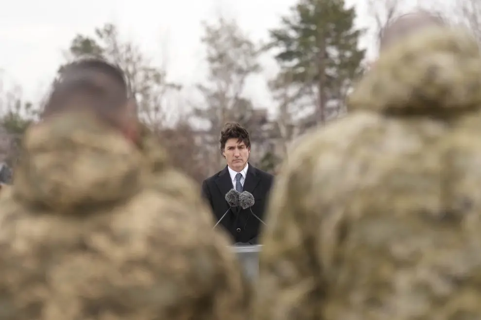 Canadian Prime Minister Justin Trudeau pauses during a ceremony at Hostomel Airport in Kyiv, Ukraine on Saturday, Feb. 24, 2024. The ceremony was to mark the 2nd anniversary of the start of the war in Ukraine. (Nathan Denette /The Canadian Press via AP) [[[AP/LAPRESSE]]]