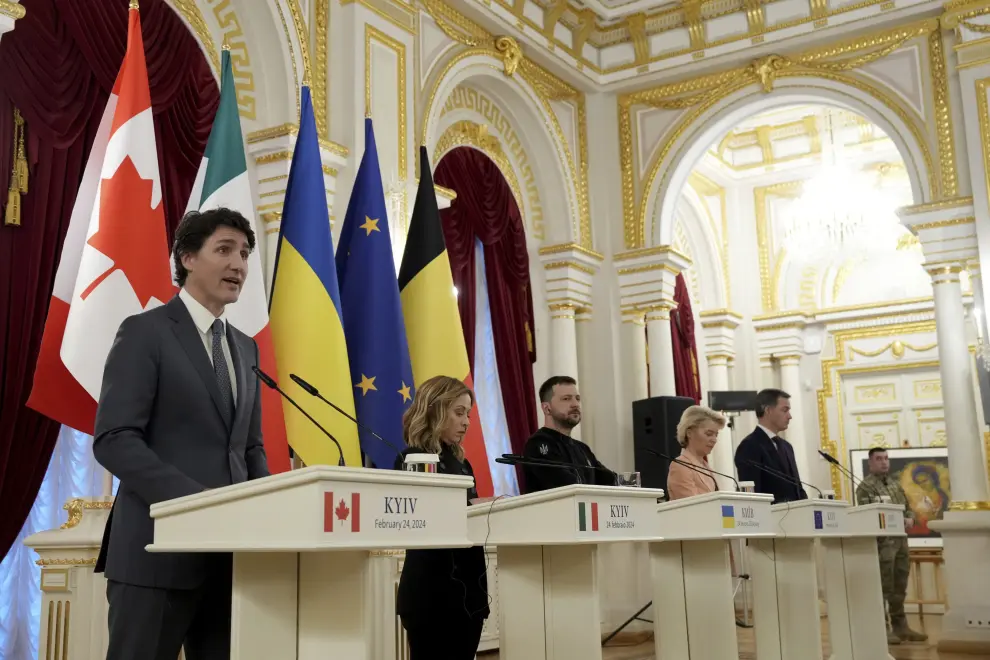 Canadian Prime Minister Justin Trudeau, speaks during a joint availability at the Mariinskiy Palace in Kyiv, Ukraine on Saturday, Feb. 24, 2024. Trudeau is in Kyiv to take part in a display of international solidarity as the world marks two years since the start of Russias invasion of Ukraine. (Nathan Denette [[[AP/LAPRESSE]]]