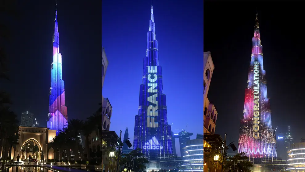 El rascacielos más alto del mundo, el Burj Khalifa, luce en Dubái (Emiratos Árabes Unidos), desde su estreno el 31 de diciembre de 2017, el juego de color que da la fachada luminosa firmada por las empresas aragonesas Saco Tecnologies España y Oboria Digital.