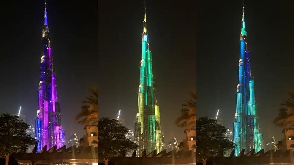 El rascacielos más alto del mundo, el Burj Khalifa, luce en Dubái (Emiratos Árabes Unidos), desde su estreno el 31 de diciembre de 2017, el juego de color que da la fachada luminosa firmada por las empresas aragonesas Saco Tecnologies España y Oboria Digital.