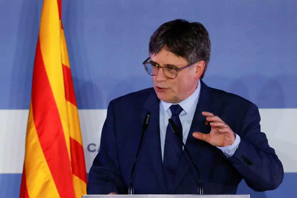 Catalan separatist leader Carles Puigdemont speaks during a press conference in Elne, France, March 21, 2024. REUTERS/Albert Gea [[[REUTERS VOCENTO]]]