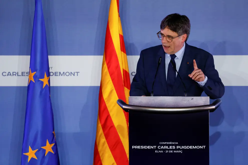 Catalan separatist leader Carles Puigdemont speaks during a press conference in Elne, France,  March 21, 2024. REUTERS/Albert Gea [[[REUTERS VOCENTO]]]