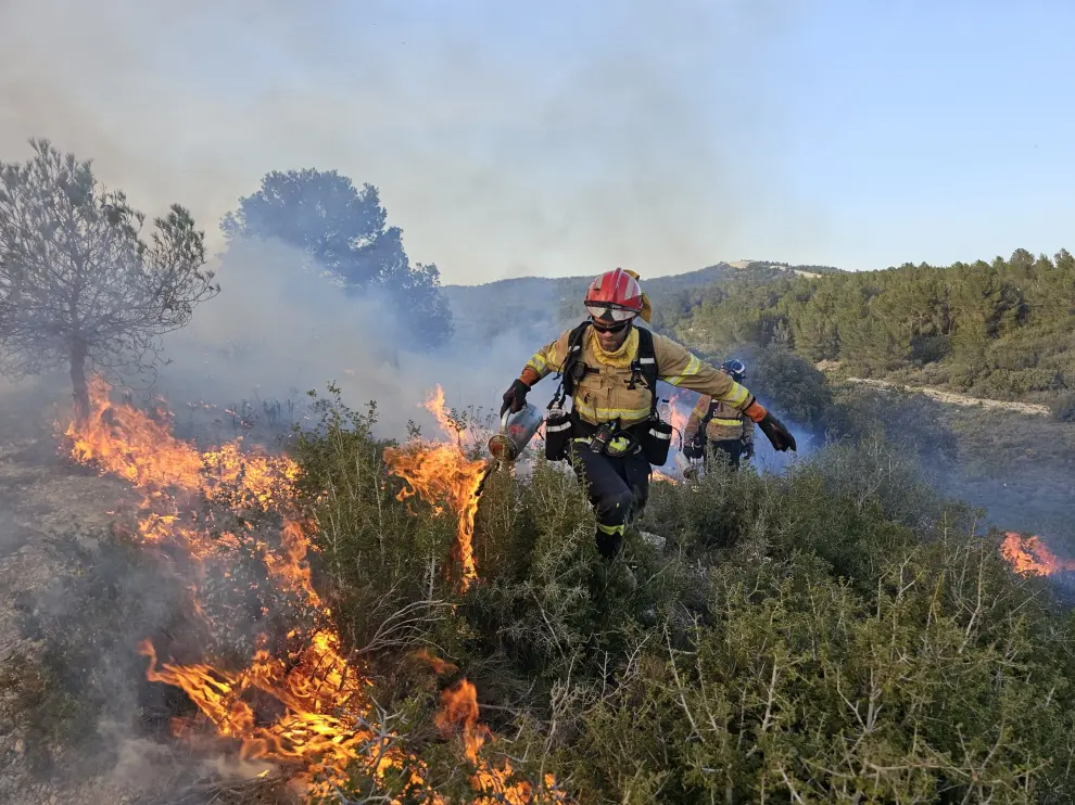 Ejercicio TREX Zaragoza 2024 en el campo de mabiobras de San Gregorio para frenar el incendio con un fuego prescrito.