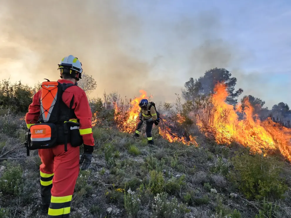 Ejercicio TREX Zaragoza 2024 en el campo de mabiobras de San Gregorio para frenar el incendio con un fuego prescrito.
