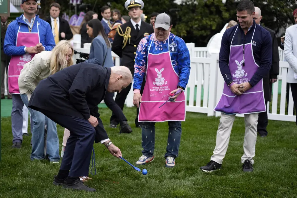 President Joe Biden participates in the White House Easter Egg Roll on the South Lawn of the White House, Monday, April 1, 2024, in Washington. (AP Photo/Evan Vucci)