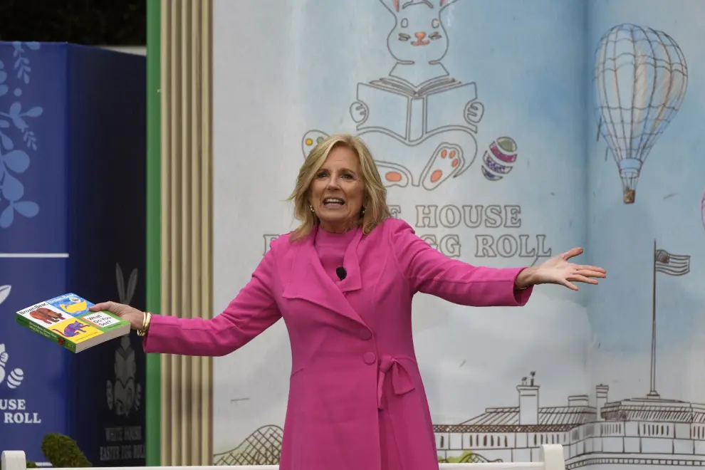 First lady Jill Biden speaks before reading the book, Brown Bear, Brown Bear, during The White House Easter Egg Roll festivities in The White House, Monday, April 1, 2024, in Washington.
