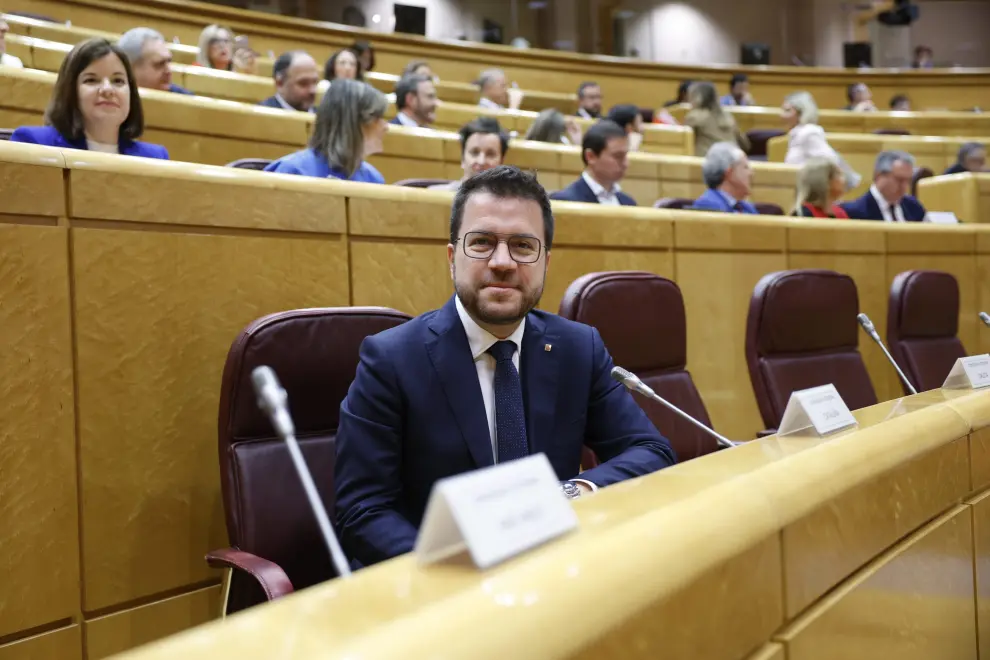 El presidente de la Generalitat, Pere Aragonès, al inicio de la sesión de la Comisión General de Comunidades Autónomas celebrada este lunes en el Senado