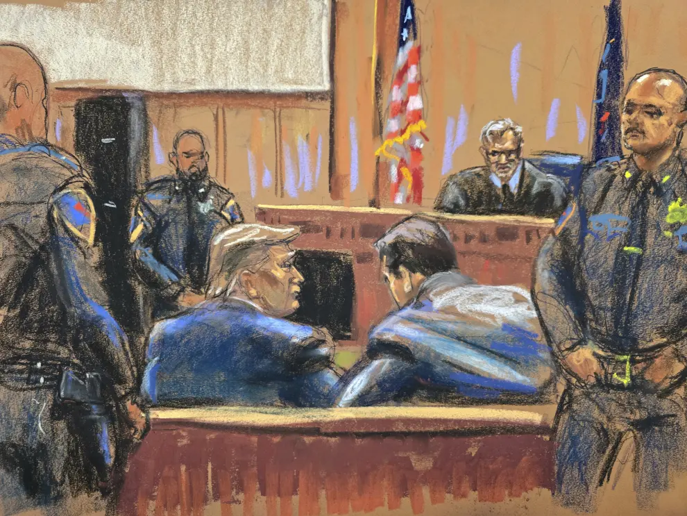 In this courtroom sketch, former U.S. President Donald Trump, left, sits with his attorney Todd Blanche before Justice Juan Merchan, at the beginning of his trial at a Manhattan criminal court in New York, Monday, April 15, 2024. Trump arrived at a New York court for the start of jury selection in his hush money trial, making history as the first former president to stand trial on criminal charges. (Jane Rosenberg/Pool Photo via AP)