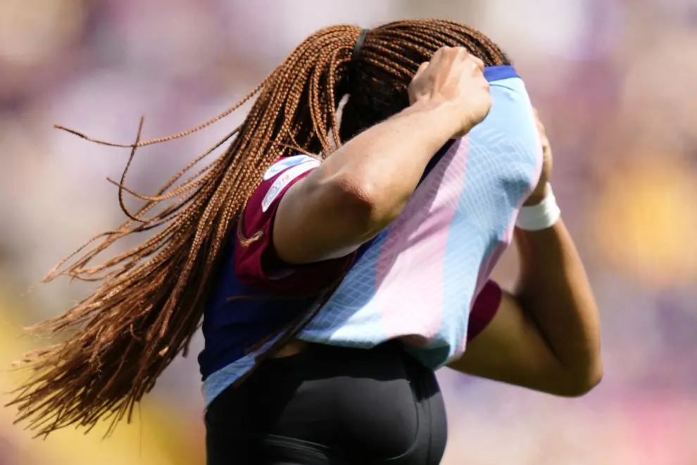 Barcelona's Salma Paralluelo reacts after failing to score during the women's Champions League semifinals, first leg, soccer match between FC Barcelona and Chelsea FC at the Olympic Stadium, in Barcelona, Spain, Saturday, April 20, 2024. (AP Photo/Jose Breton)