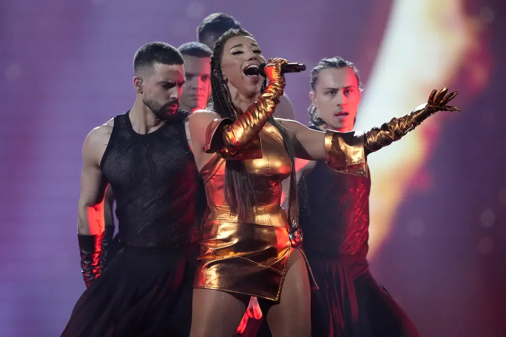 Nutsa Buzaladze of Georgia performs the song Firefighter during the Grand Final of the Eurovision Song Contest in Malmo, Sweden, Saturday, May 11, 2024. (AP Photo/Martin Meissner)