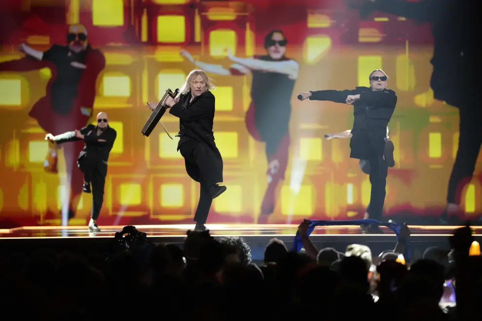 5MIINUST x Puuluup of Estonia perform the song (nendest) narkootikumidest ei tea me (küll) midagiduring the Grand Final of the Eurovision Song Contest in Malmo, Sweden, Saturday, May 11, 2024. (AP Photo/Martin Meissner)