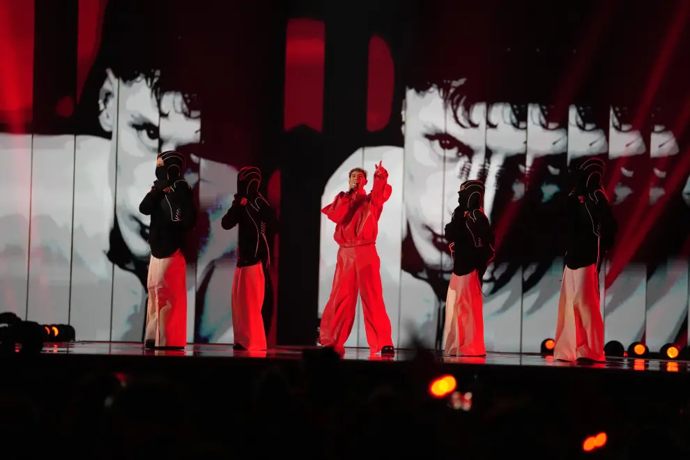 Silvester Belt of Lithuania performs the song Luktelk during the Grand Final of the Eurovision Song Contest in Malmo, Sweden, Saturday, May 11, 2024. (AP Photo/Martin Meissner)
