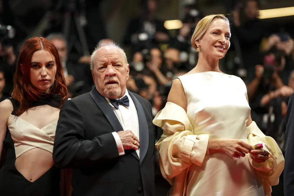 Taylor Jeanne, from left, director Paul Schrader, and Uma Thurman pose for photographers upon arrival at the premiere of the film 'Oh, Canada' at the 77th international film festival, Cannes, southern France, Friday, May 17, 2024. (Photo by Scott A Garfitt/Invision/AP)