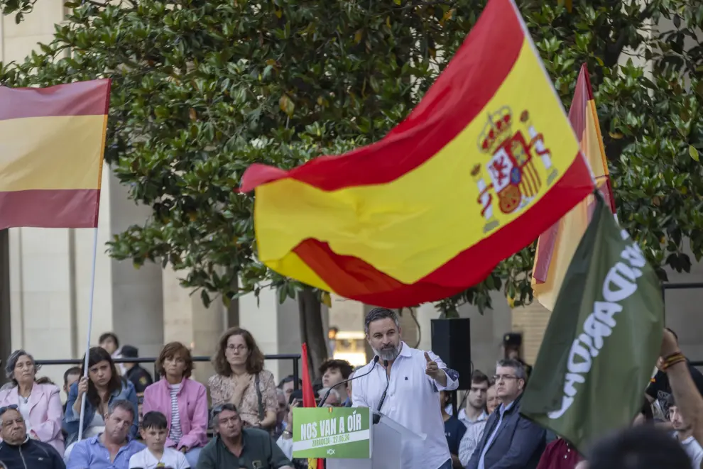 Elecciones europeas 2024: mitin del presidente de Vox, Santiago Abascal, en la plaza del Pilar de Zaragoza