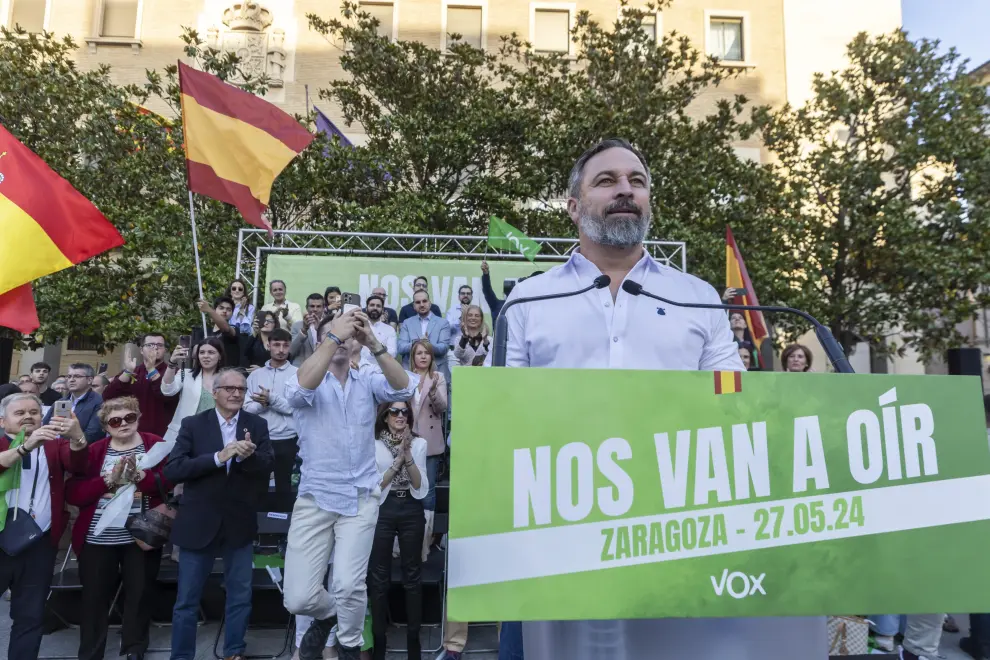 Elecciones europeas 2024: mitin del presidente de Vox, Santiago Abascal, en la plaza del Pilar de Zaragoza